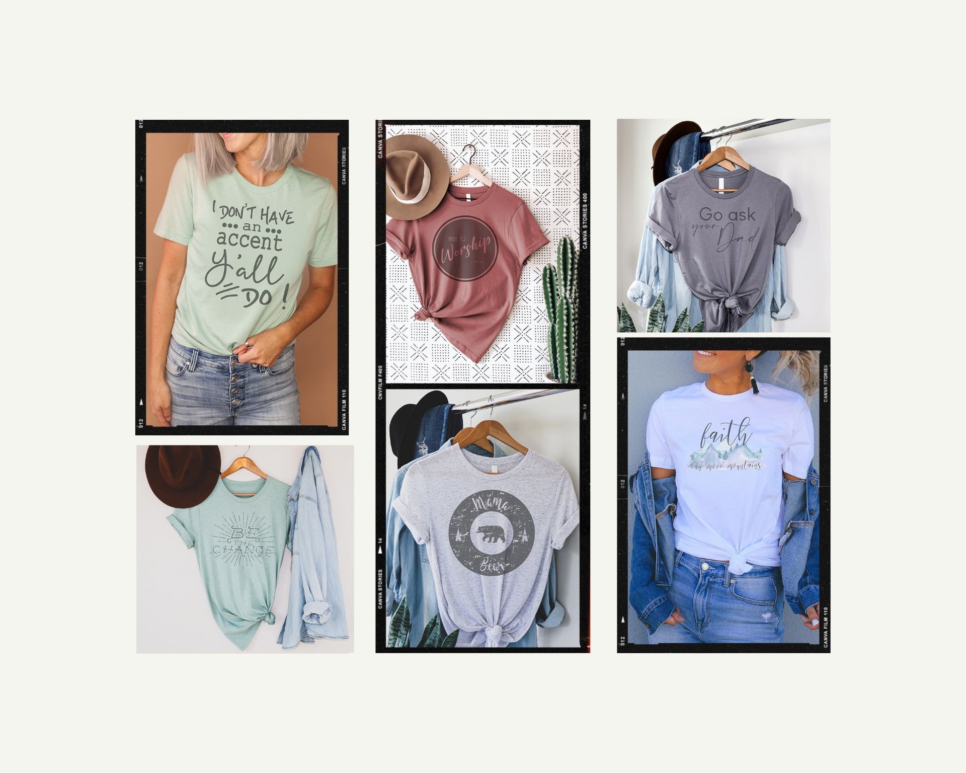 A collage of pictures of t-shirts hanging on a rack.