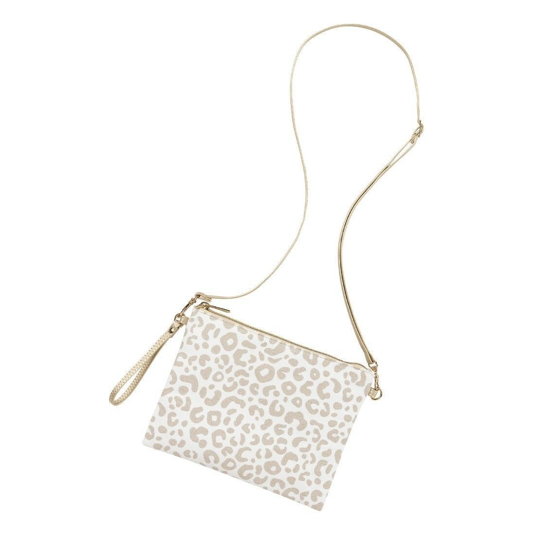 A white purse with a leopard print on it