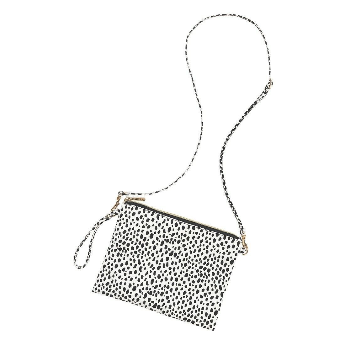 A black and white purse with a leopard print on it