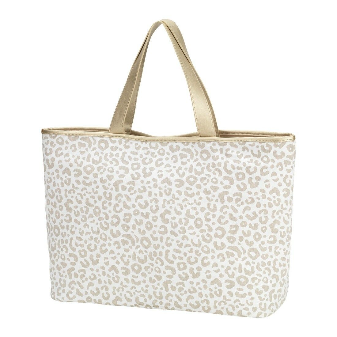 A white tote bag with a leopard print on it