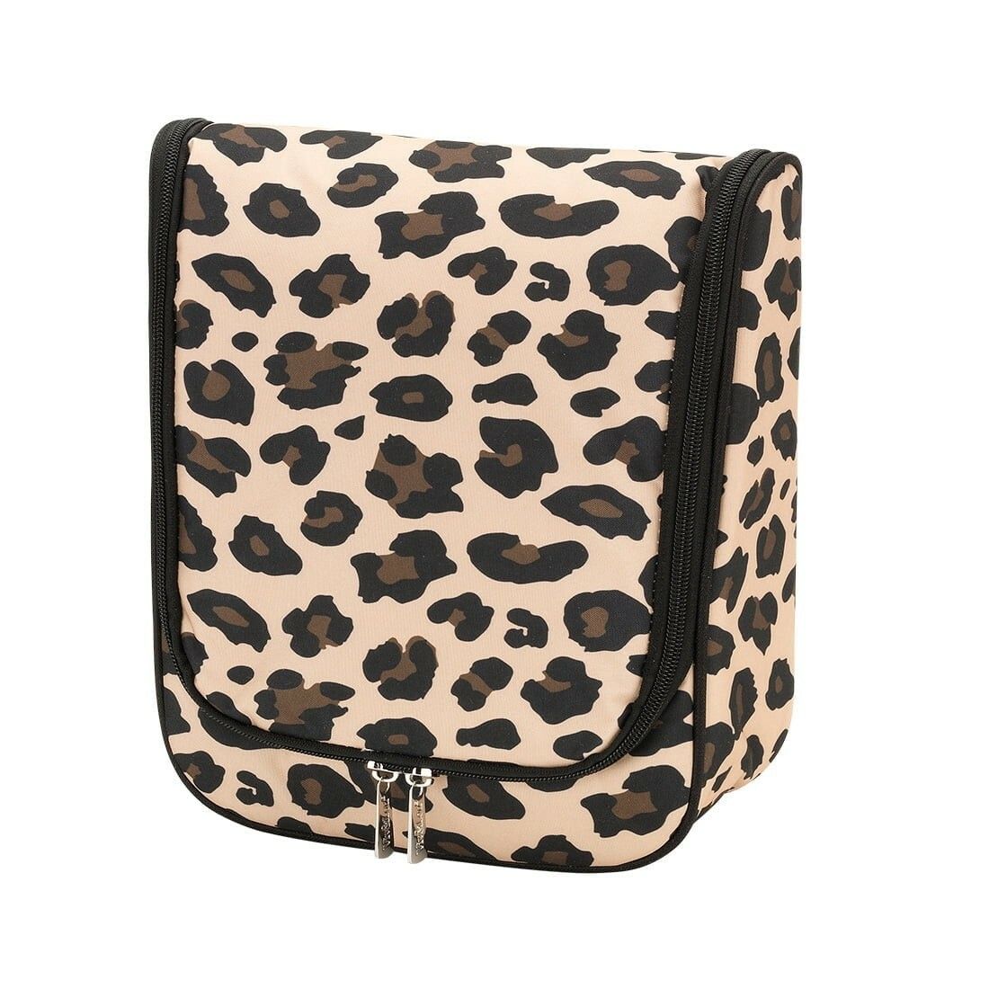 A cosmetic bag with a leopard print on it