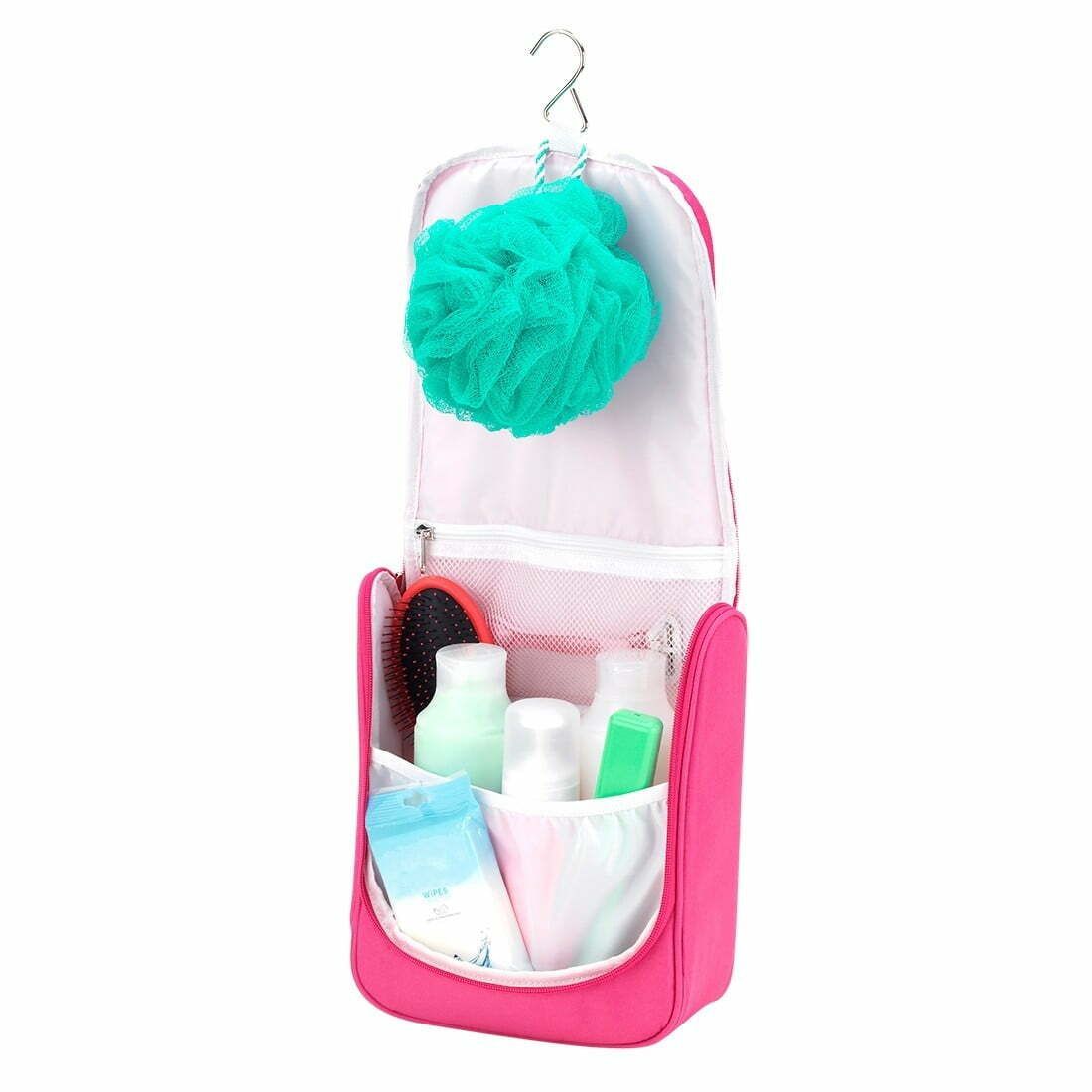 A pink hanging toiletry bag filled with bottles and a bath sponge.