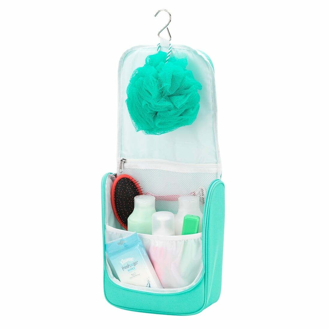 A green toiletry bag filled with bottles and a sponge.