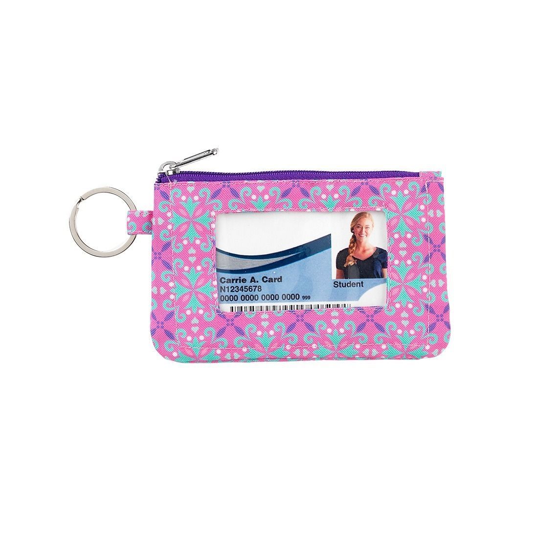 A pink wallet with a picture of a woman on it