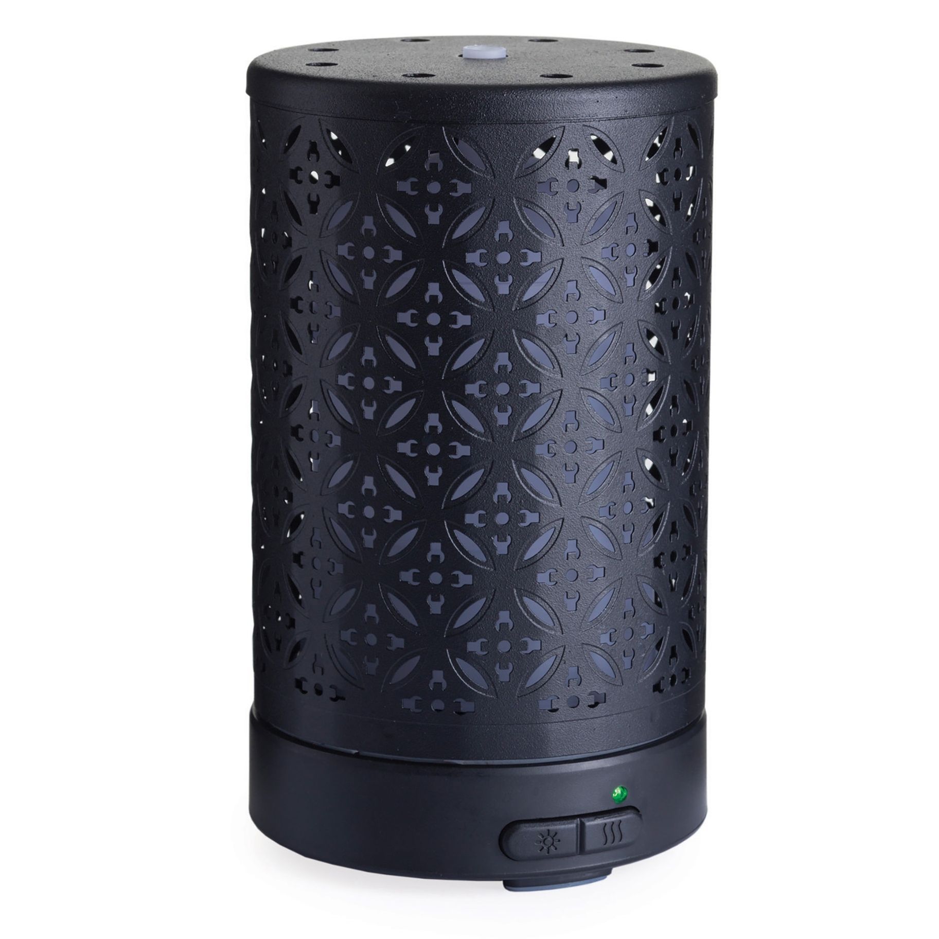 A black ultrasonic diffuser with a pattern on it is on a white background.