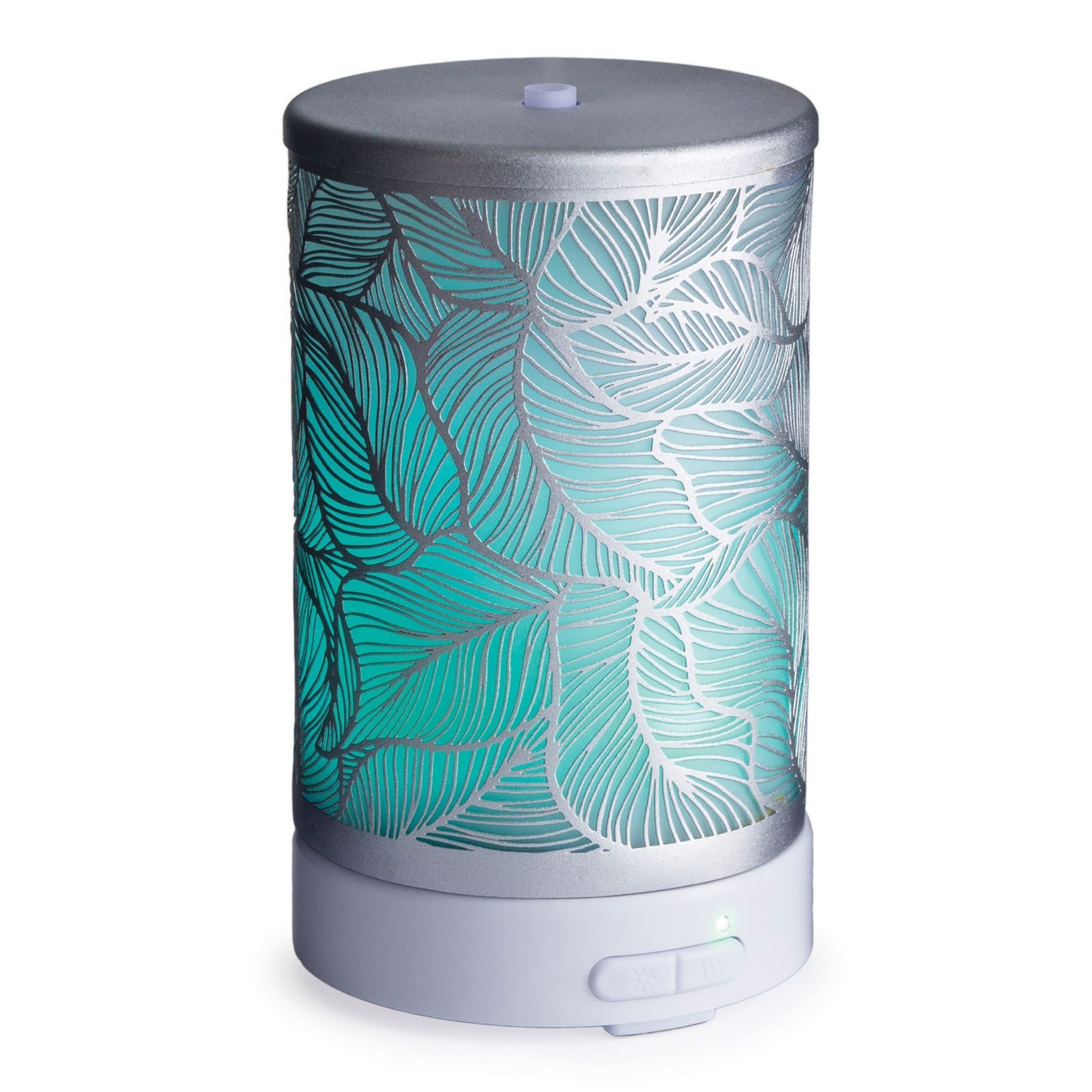 A small ultrasonic essential oil diffuser with a leaf design on it.