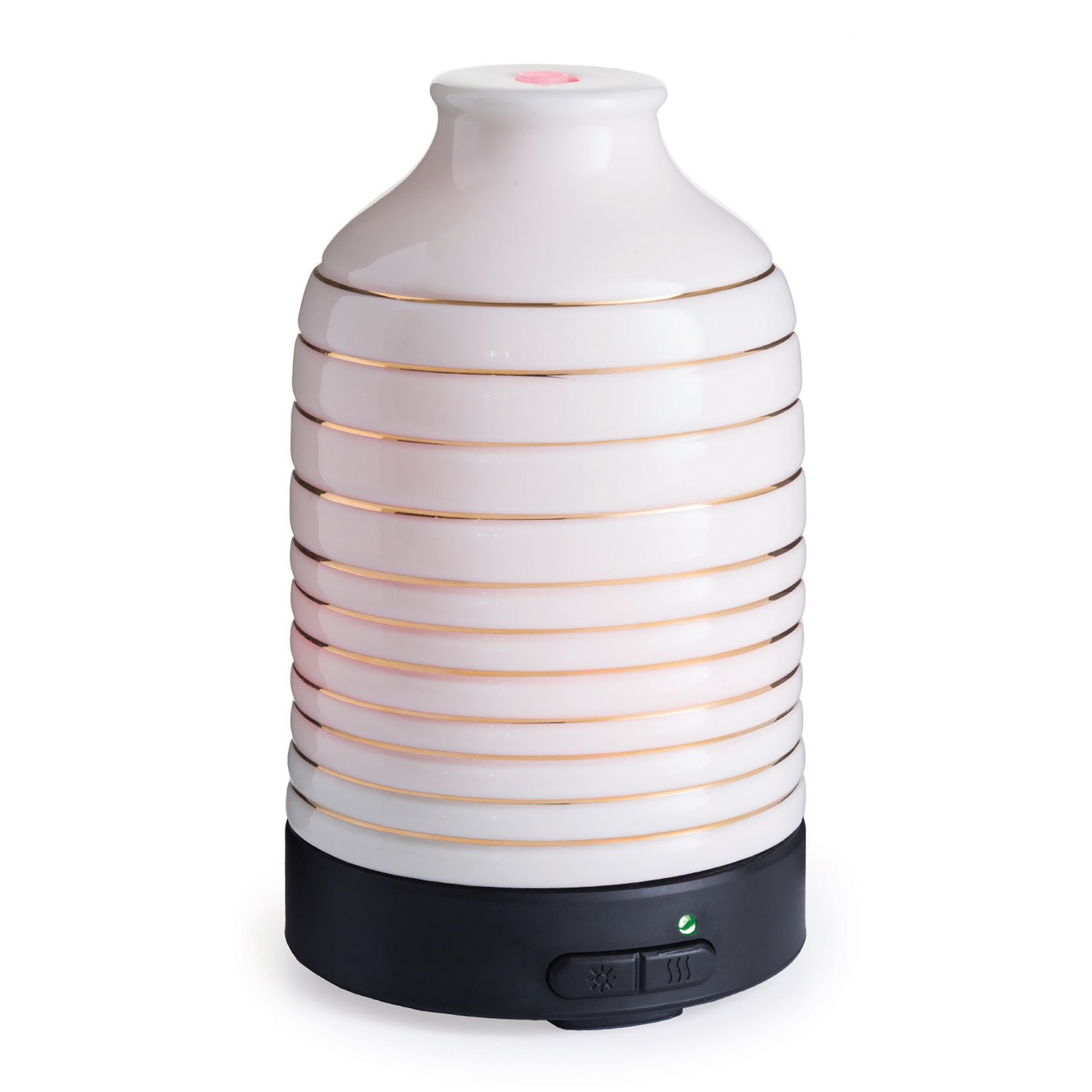 A white vase with gold stripes on it is sitting on a white surface.