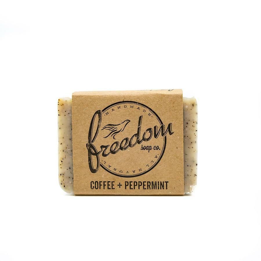 A bar of coffee and peppermint soap from freedom soap co.