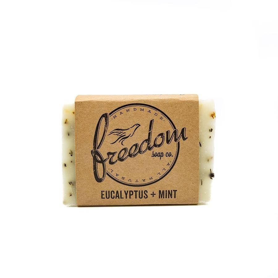 A bar of eucalyptus and mint soap from freedom soap co.