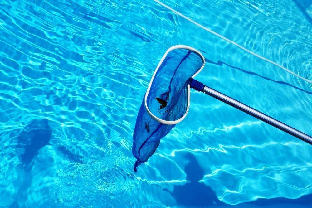 A Cleaning Net is Floating in a Swimming Pool — Pool Maintenance in Pacific Heights, QLD