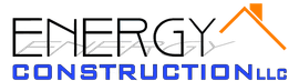 Logo for "Energy Construction LLC" featuring black text, blue text, and an orange house roof icon.