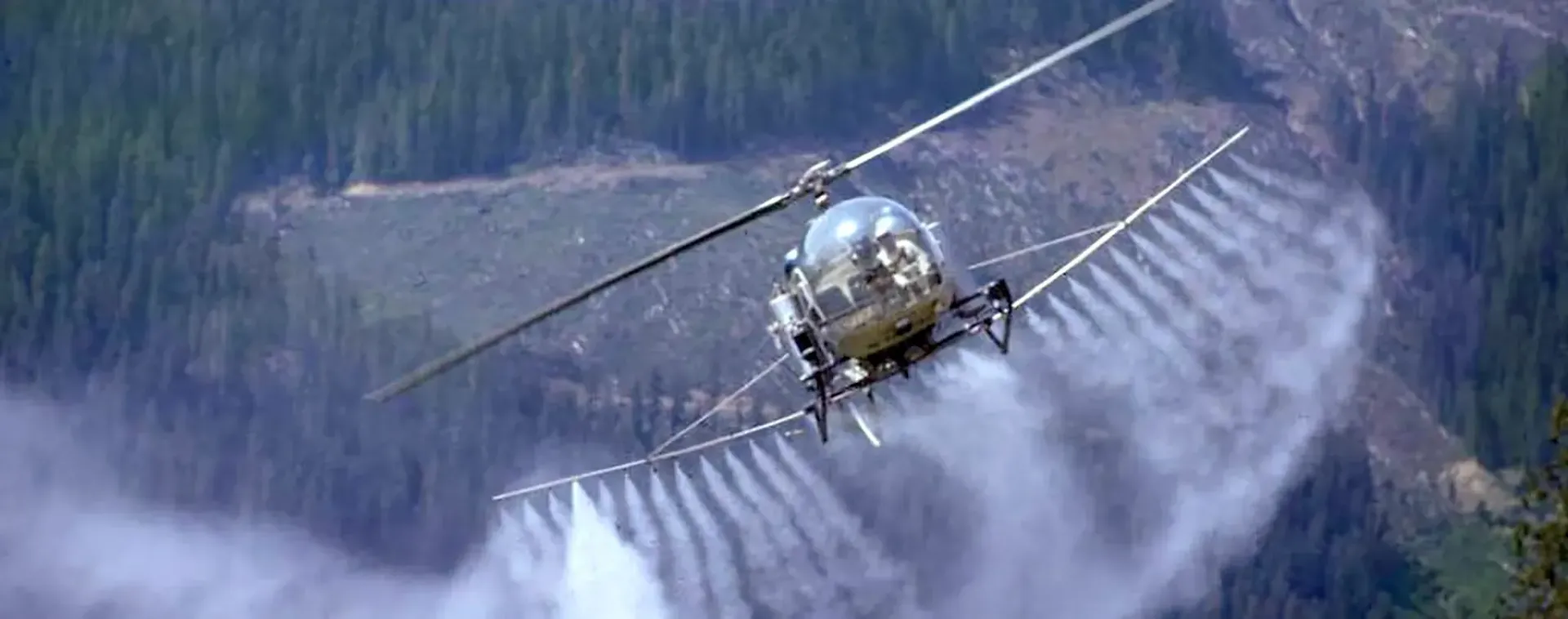 Helicopter spraying herbicide over timberlands