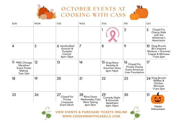 October events calendar for Cooking with Cass, with Halloween-themed icons and recipe class dates