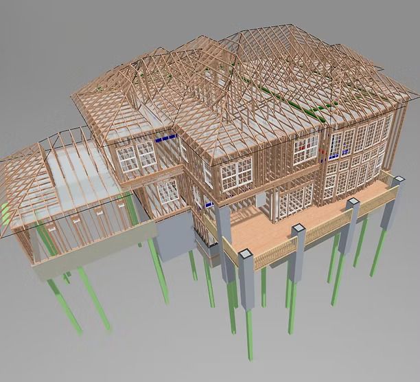 3D rendering of a house under construction; wooden frame, white windows, raised deck, and green foundation supports.