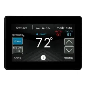 A thermostat displays the temperature at 72 degrees