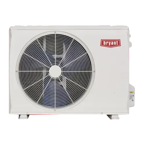 A white bryant air conditioner is sitting on a white surface.