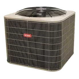 A bryant air conditioner is sitting on a white surface.