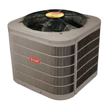 A bryant air conditioner is sitting on a white surface.