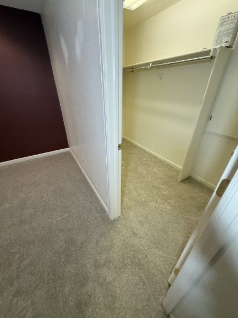 Hallway with open closet, beige carpet, and white walls; dark maroon wall at left.