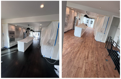 Empty room with dark and light floors, white island counters, and plastic-covered walls under renovation