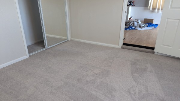 Empty carpeted bedroom with mirrored closet doors and an open doorway to another room.