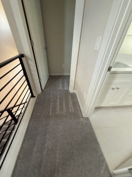 Narrow hallway with gray carpet beside a black railing and white doorways.