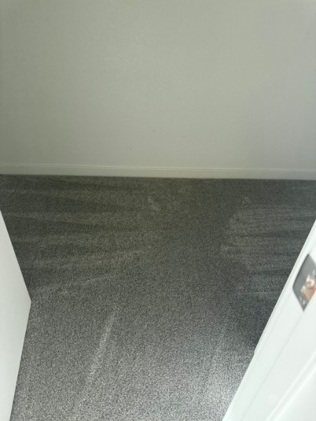 Empty hallway with dark carpet and white walls