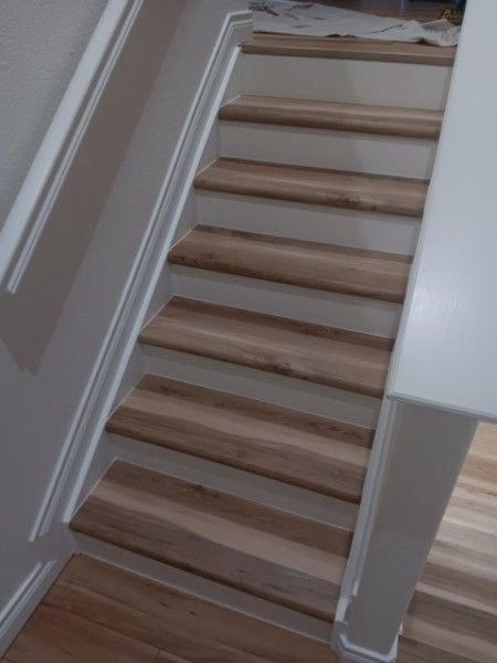 Wooden staircase with beige carpet runner in a hallway, viewed from below.