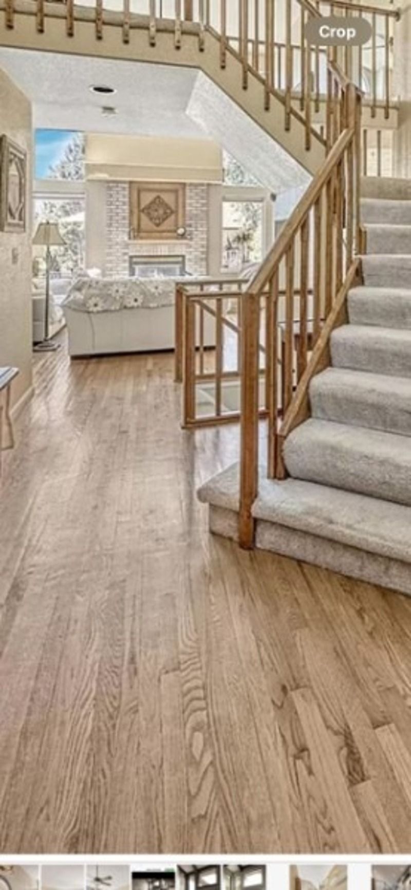 Staircase in a bright, open living room with wood floors and beige carpeted steps
