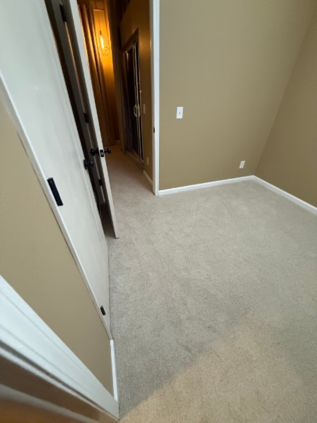 Empty beige-carpeted hallway with tan walls and white doors, viewed from a doorway
