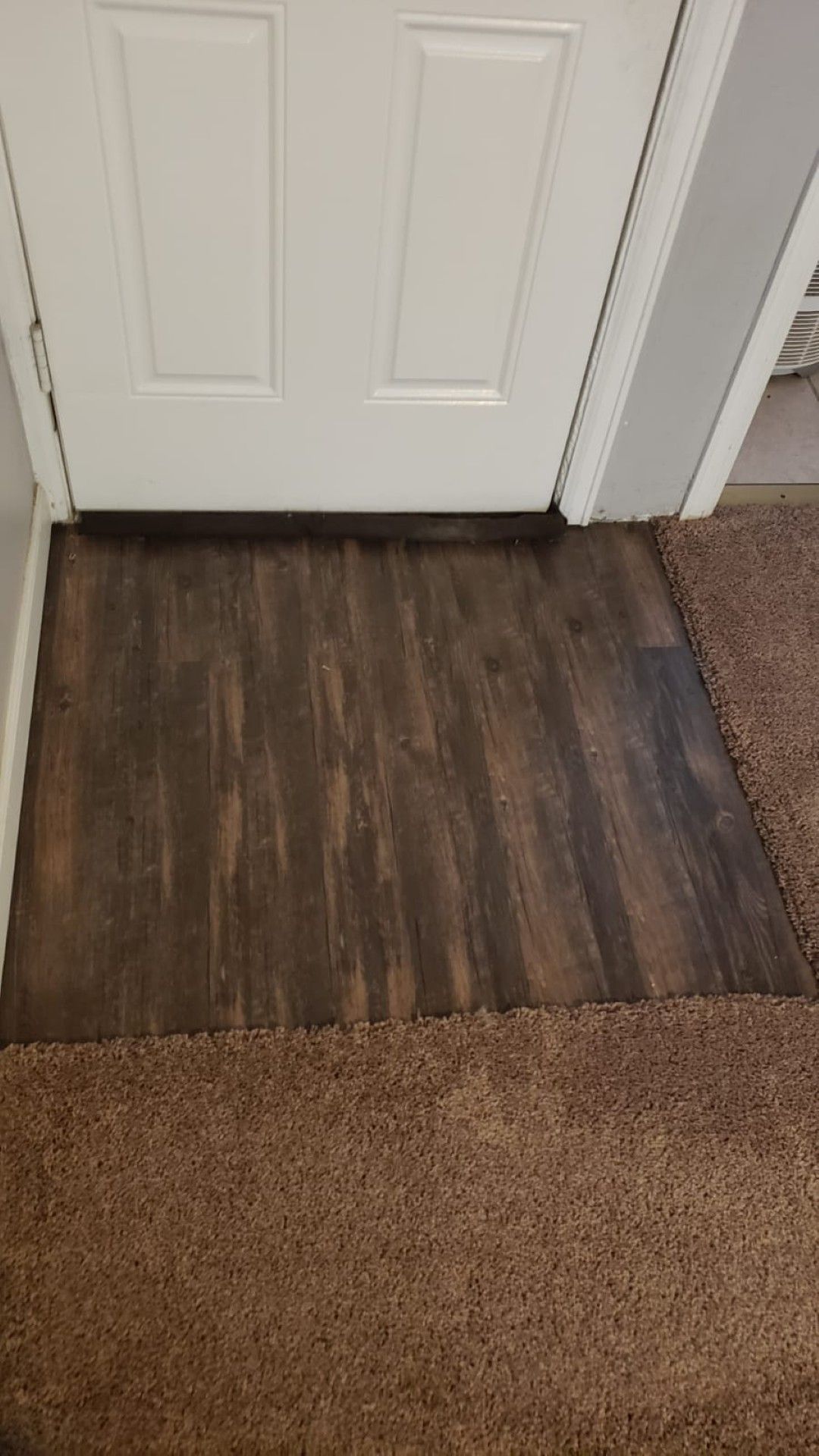 White door with a dark wood threshold between brown carpeted rooms.