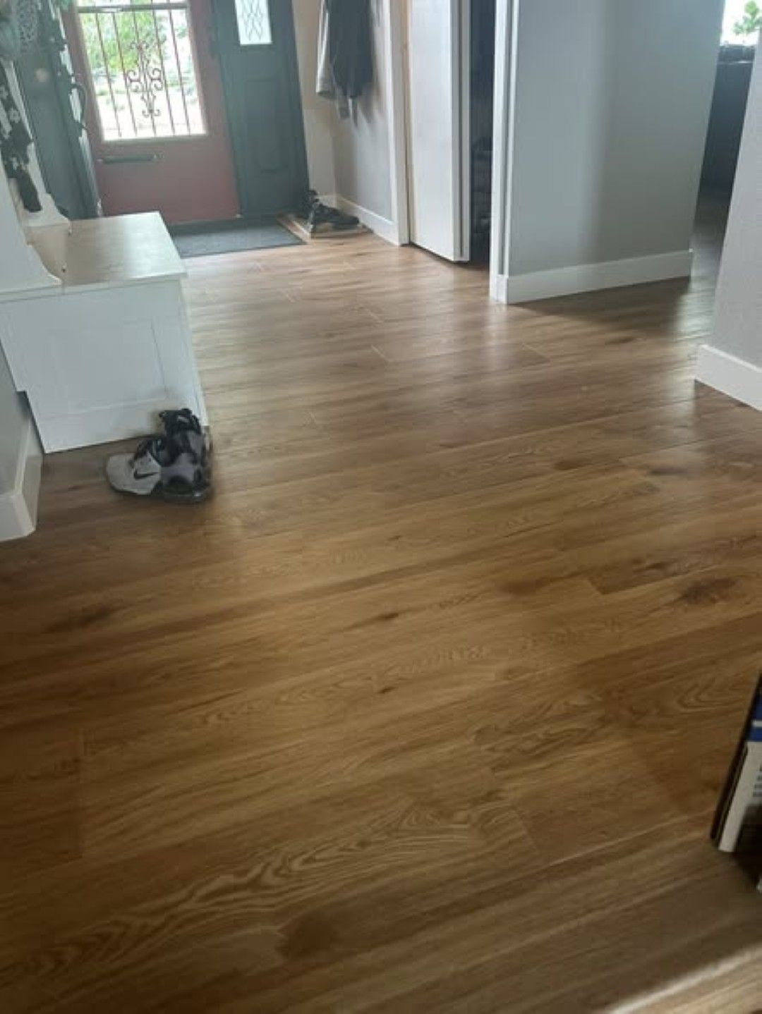 Empty entryway with wood flooring, front door, and a pair of shoes near a white cabinet.