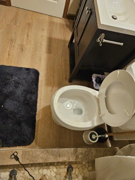 Small bathroom with an open toilet, sink cabinet, dark rug, and wooden floor.
