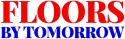Logo reading &ldquo;FLOORS BY TOMORROW&rdquo; in red and blue text on a white background