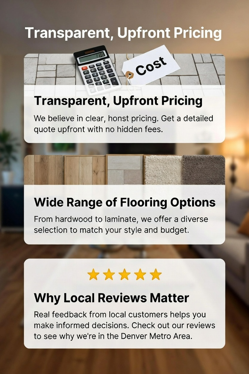 Promotional flyer with transparent pricing, flooring options, and five-star local reviews on a wood floor background