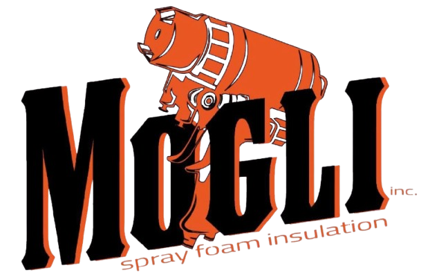 Logo for Mogli Inc. featuring an orange elephant illustration above the black text "Mogli inc. spray foam insulation".