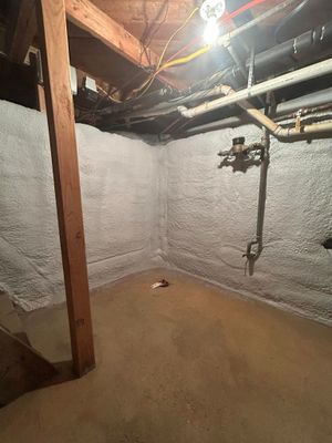 A corner of an unfinished basement with white, textured concrete walls, a dirt floor, and exposed ceiling pipes and beams.