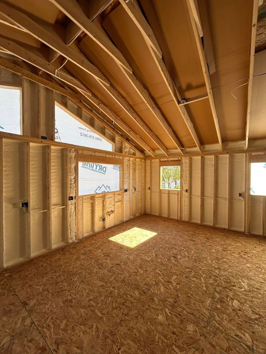 An interior view of a room under construction with exposed wooden wall studs, oriented strand board flooring, and rafters.