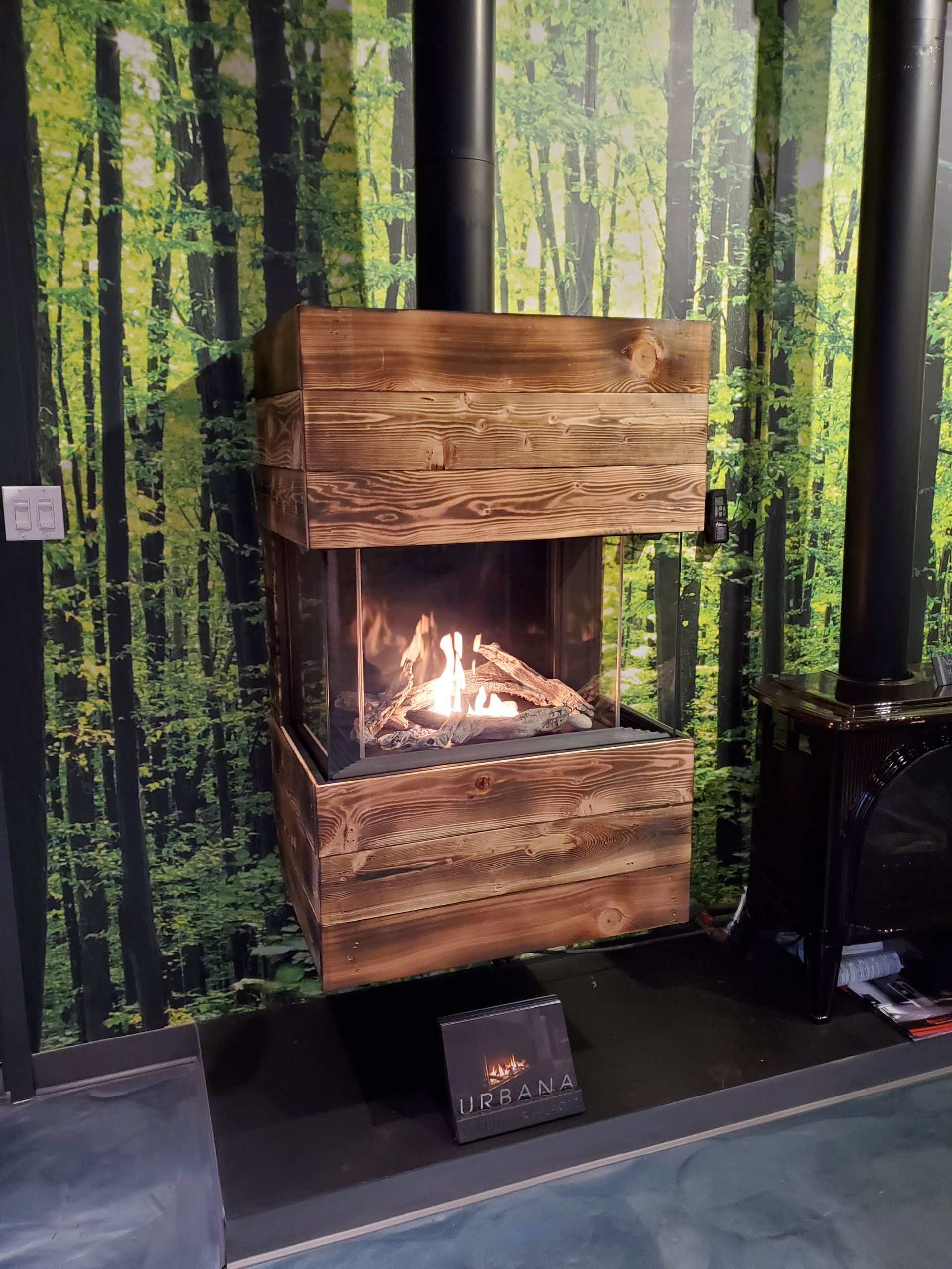 Fireplace with wooden frame and glass enclosure, flames visible, set against a forest wallpaper backdrop.