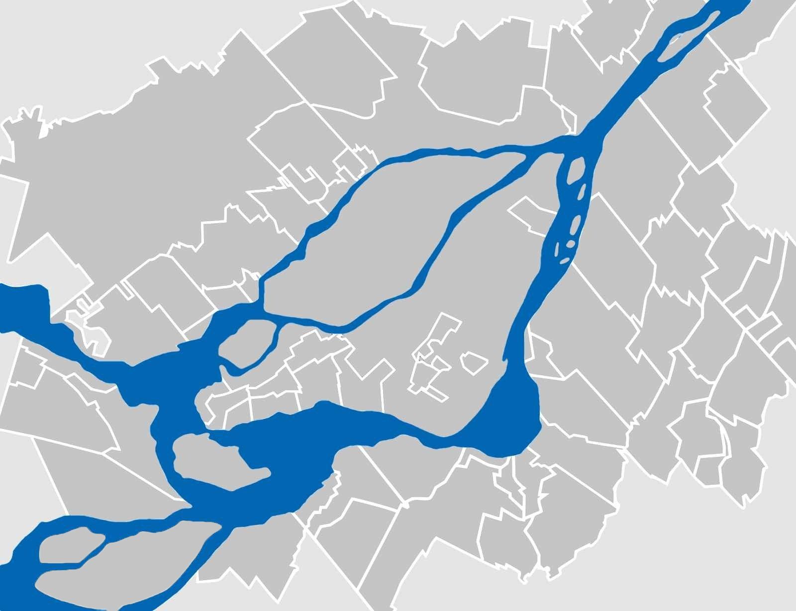 Map of Montreal and surrounding areas, showing the St. Lawrence River in blue.