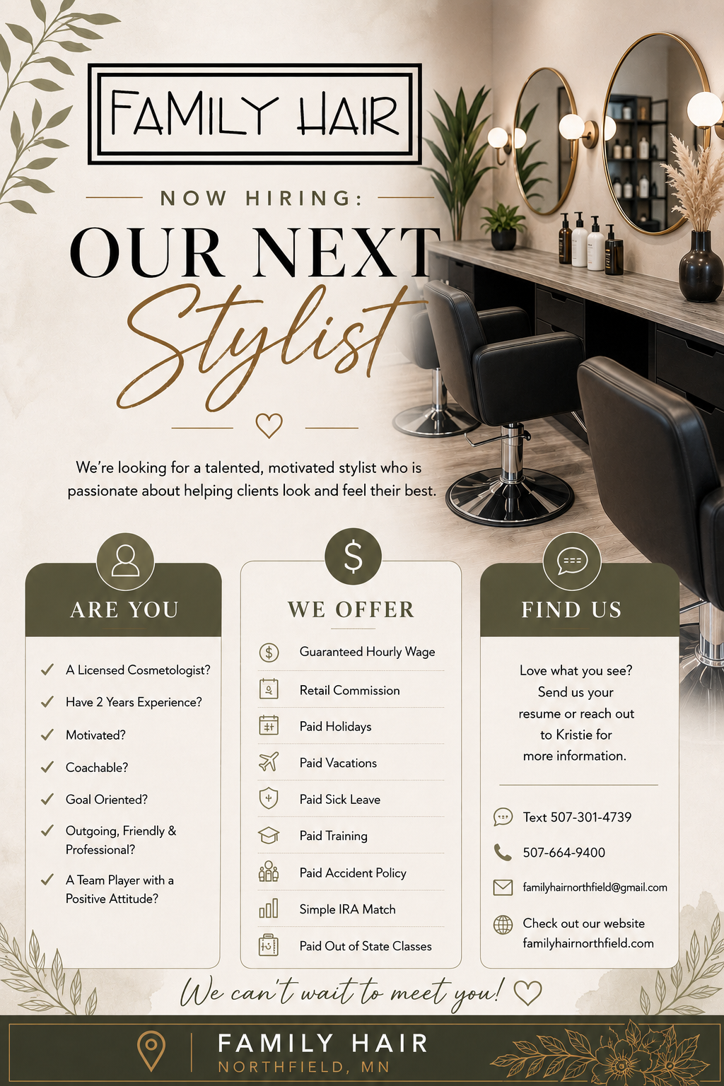 Family Hair hiring poster for a new stylist, with salon interior and service benefits listed.