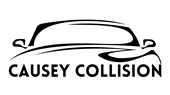 Black car silhouette above the text &ldquo;CAUSEY COLLISION&rdquo; on a white background