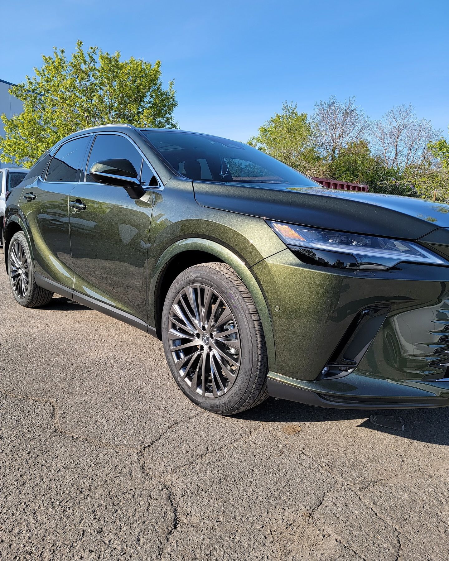 Green Lexus SUV parked outdoors on pavement.