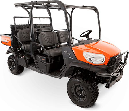 An orange and black utility vehicle with four seats on a white background.