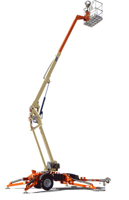 A man is standing in a bucket on a crane.