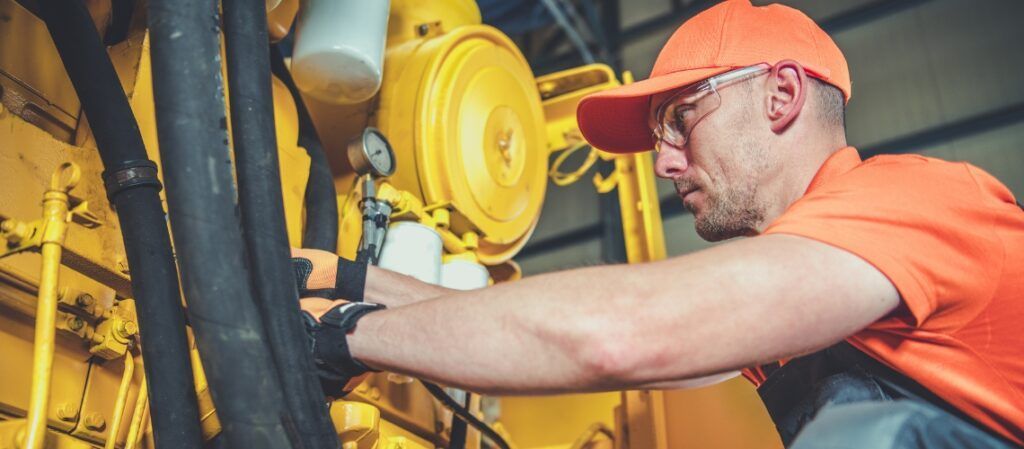 A man is working on a yellow engine in a factory.