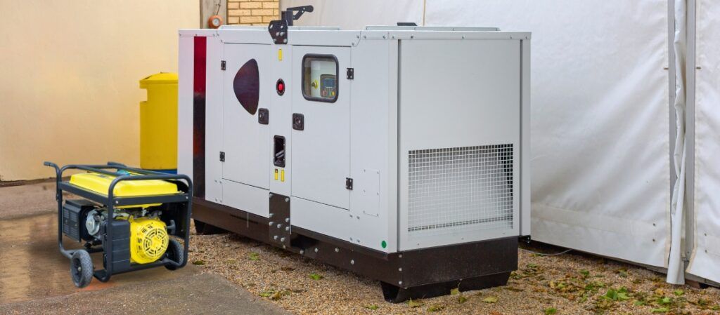 A portable generator is parked next to a large generator.