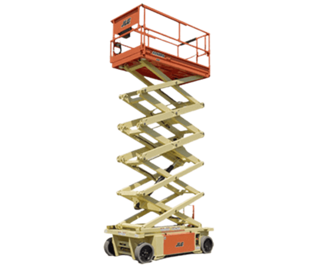 A scissor lift is sitting on top of a white surface.