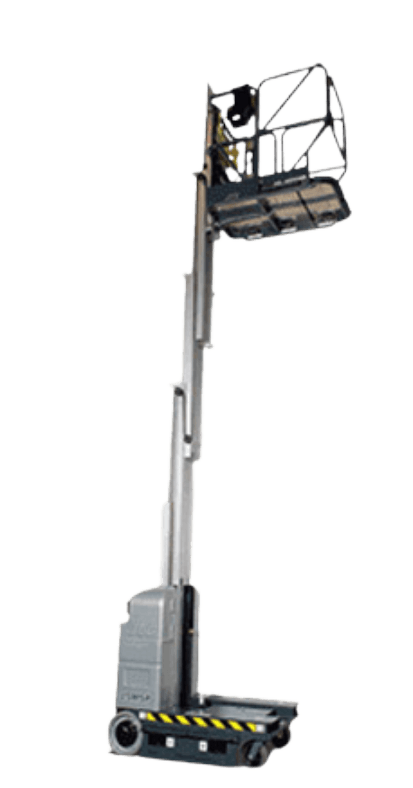 A man is standing on a ladder on a white background.