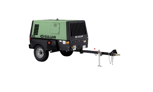 A green and black air compressor on a trailer on a white background.
